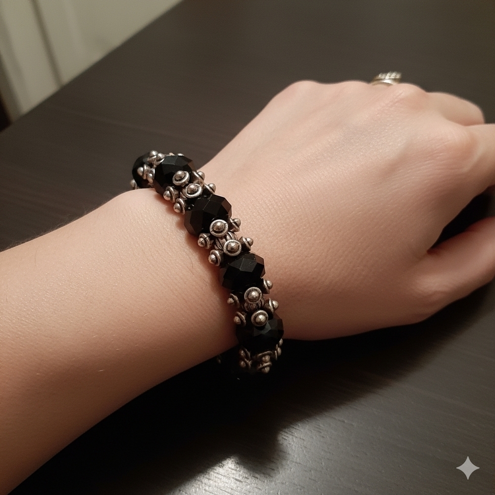Black Silver Tone Bead Stretch Bracelet